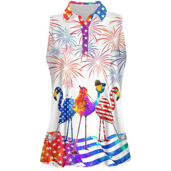 Water Color 4th Of July Patriotic Funny Flamingo Golf Women Short Sleeve Polo Shirt Sleeveless Polo Shirt, Independence Shirt